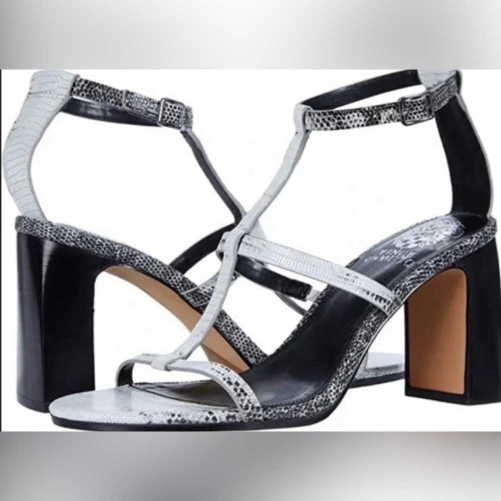 Vince Camuto Silver Snake-Print T-Strap Block Heel Sandals